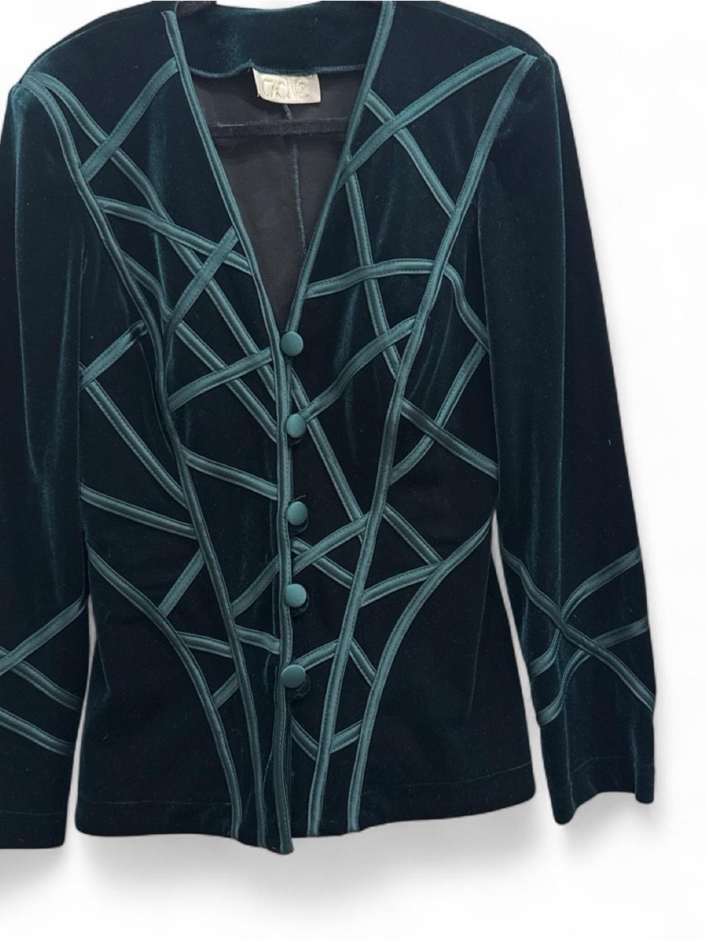 Cache Teal Velvet Blazer with Geometric Piping